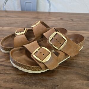 BIRKENSTOCK ARIZONA BIG BUCKLE SLIDE SANDAL ANTIQUE COGNAC OILED- SIZE 39